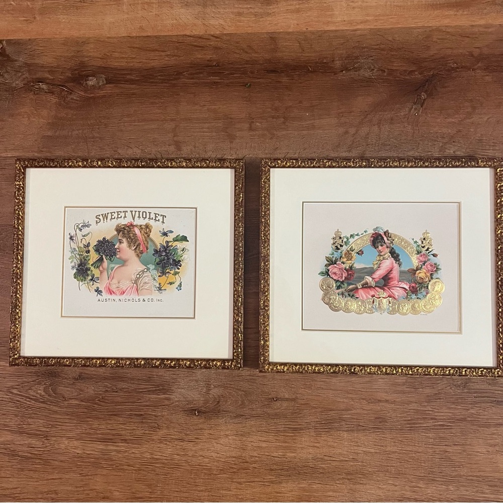 Set of 2 vintage cigar label framed and mounted lithographs